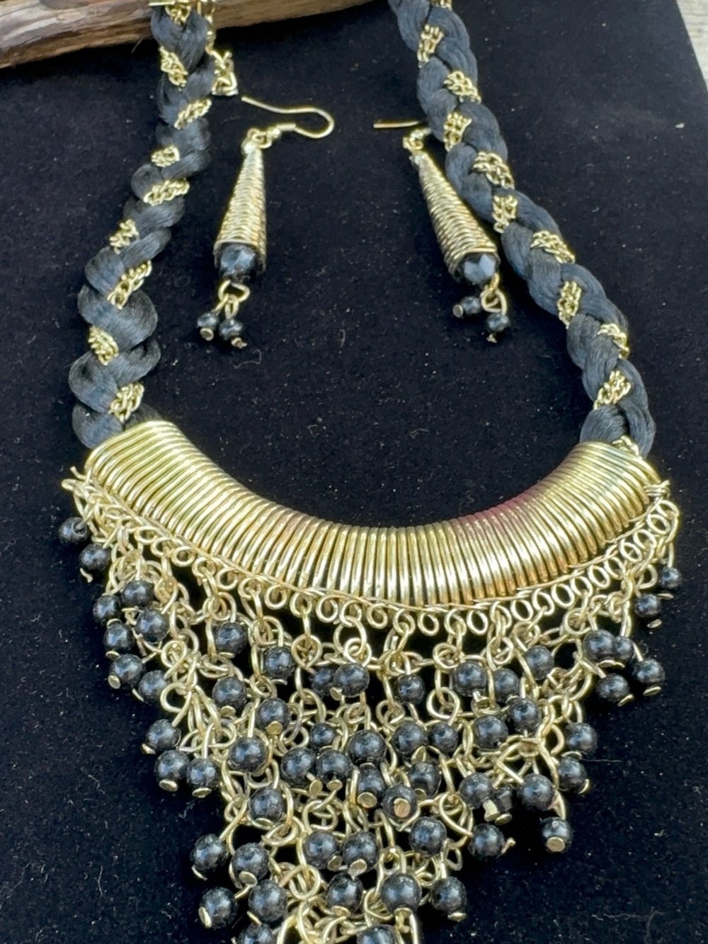 Gold and Black Braided Statement Necklace and Earrings Set